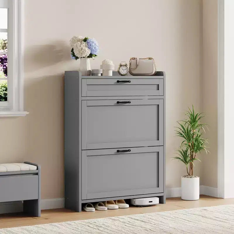 Scarpiera con 2 ante a ribalta e 1 cassetto superiore, Organizer per scarpe in legno con ripiano regolabile, Mobiletto autoportante per ingresso e soggiorno