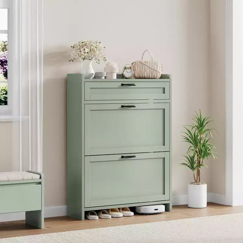 Scarpiera con 2 ante a ribalta e 1 cassetto superiore, Organizer per scarpe in legno con ripiano regolabile, Mobiletto autoportante per ingresso e soggiorno