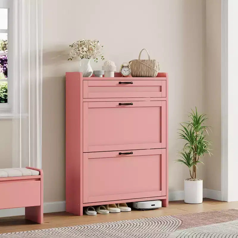 Scarpiera con 2 ante a ribalta e 1 cassetto superiore, Organizer per scarpe in legno con ripiano regolabile, Mobiletto autoportante per ingresso e soggiorno
