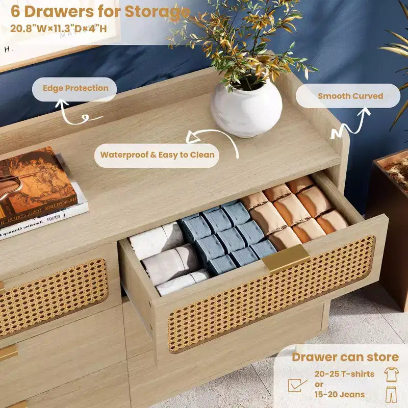 Comò per camera da letto, Comò moderno di metà secolo a 6 cassetti con finiture color oro e design in rattan, Porta TV