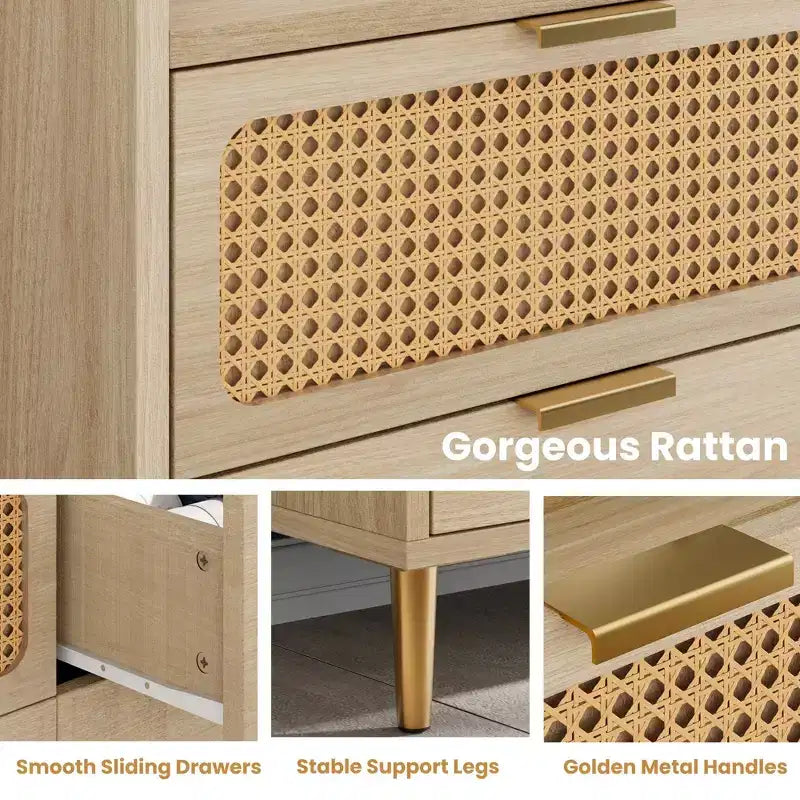 Comò per camera da letto, Comò moderno di metà secolo a 6 cassetti con finiture color oro e design in rattan, Porta TV