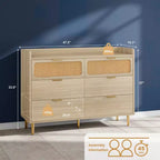 Comò per camera da letto, Comò moderno di metà secolo a 6 cassetti con finiture color oro e design in rattan, Porta TV