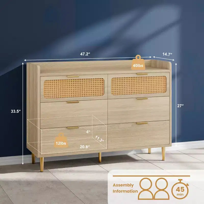 Comò per camera da letto, Comò moderno di metà secolo a 6 cassetti con finiture color oro e design in rattan, Porta TV