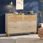 Comò per camera da letto, Comò moderno di metà secolo a 6 cassetti con finiture color oro e design in rattan, Porta TV