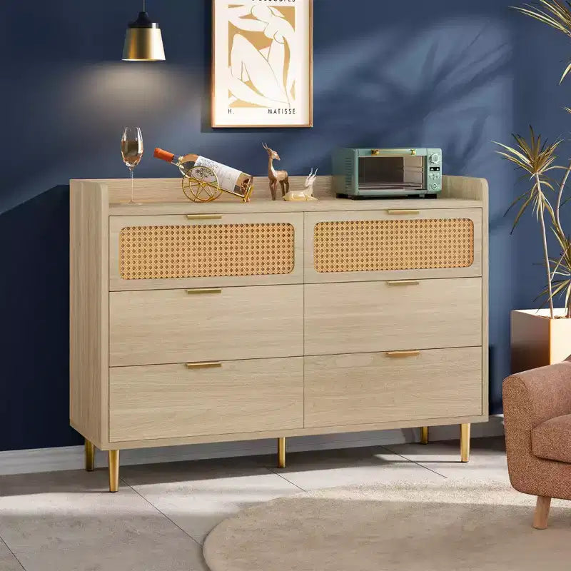 Comò per camera da letto, Comò moderno di metà secolo a 6 cassetti con finiture color oro e design in rattan, Porta TV