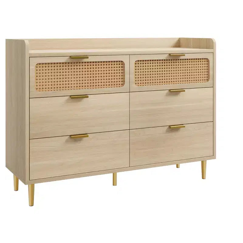 Comò per camera da letto, Comò moderno di metà secolo a 6 cassetti con finiture color oro e design in rattan, Porta TV