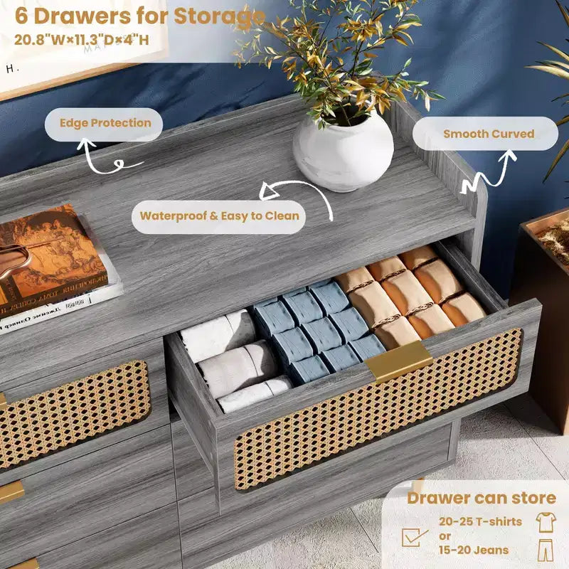 Comò per camera da letto, Comò moderno di metà secolo a 6 cassetti con finiture color oro e design in rattan, Porta TV