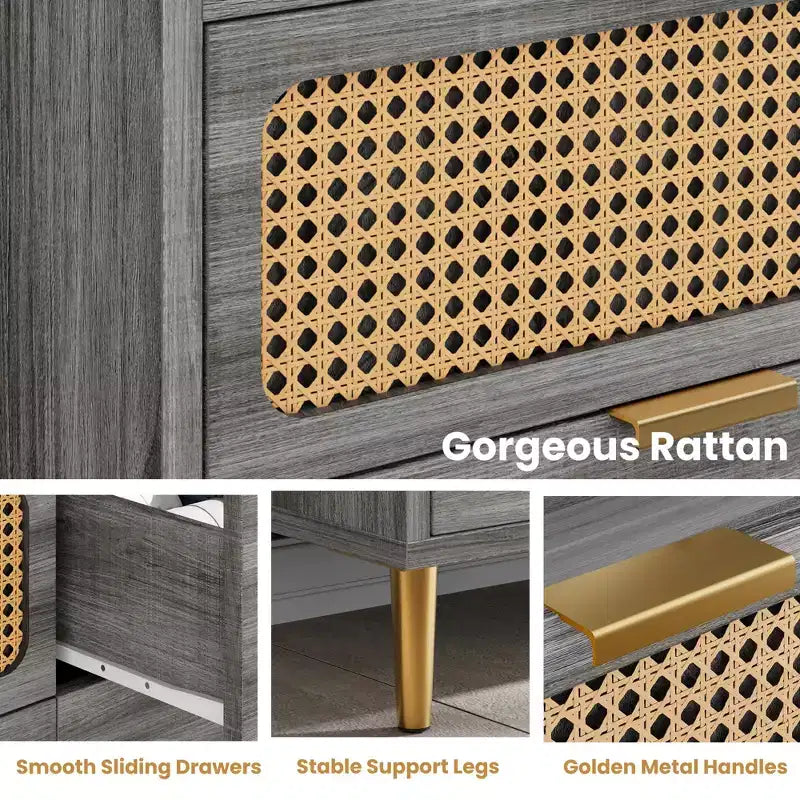 Comò per camera da letto, Comò moderno di metà secolo a 6 cassetti con finiture color oro e design in rattan, Porta TV