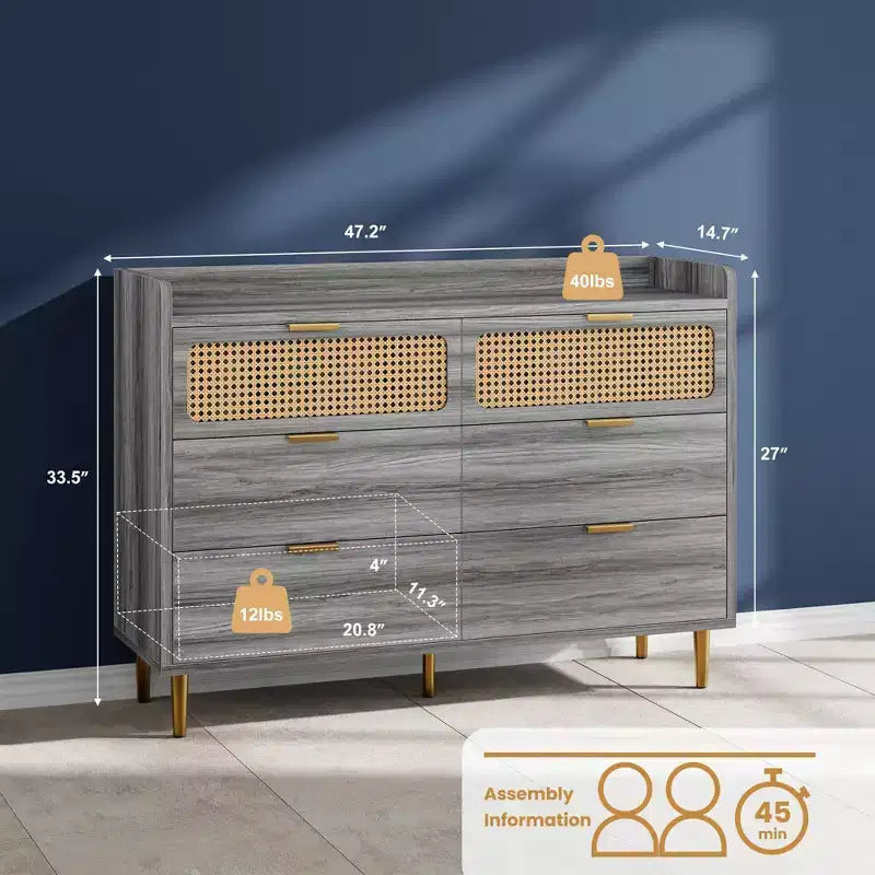 Comò per camera da letto, Comò moderno di metà secolo a 6 cassetti con finiture color oro e design in rattan, Porta TV