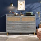 Comò per camera da letto, Comò moderno di metà secolo a 6 cassetti con finiture color oro e design in rattan, Porta TV