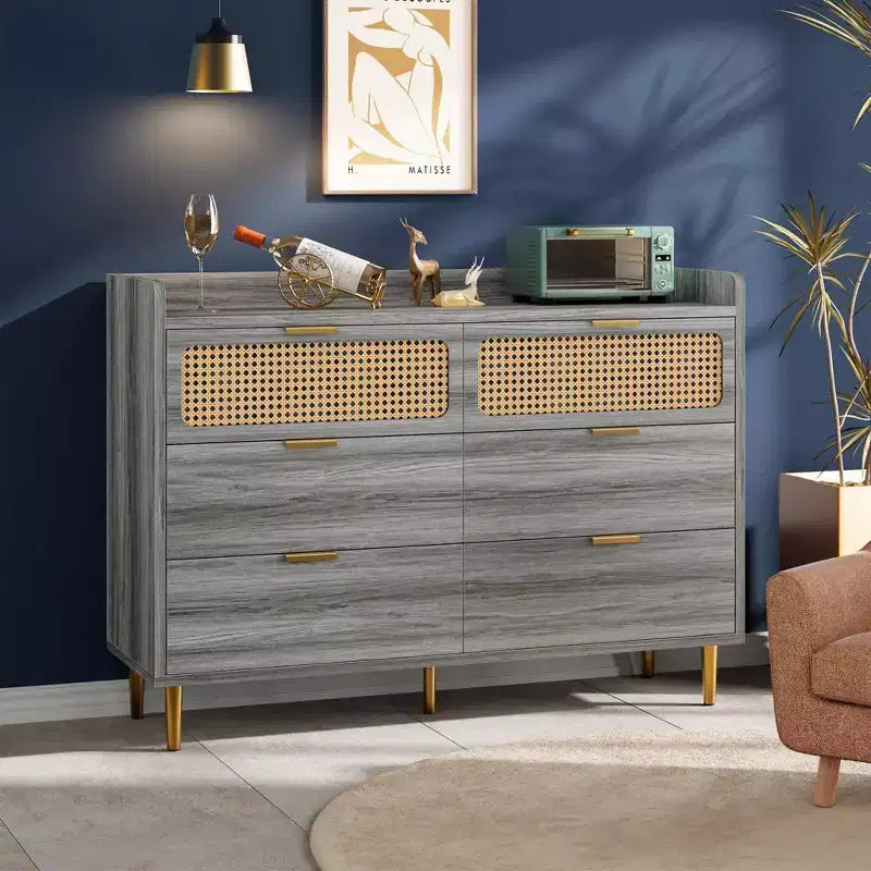 Comò per camera da letto, Comò moderno di metà secolo a 6 cassetti con finiture color oro e design in rattan, Porta TV