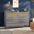 Comò per camera da letto, Comò moderno di metà secolo a 6 cassetti con finiture color oro e design in rattan, Porta TV