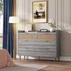 Comò per camera da letto, Comò moderno di metà secolo a 6 cassetti con finiture color oro e design in rattan, Porta TV
