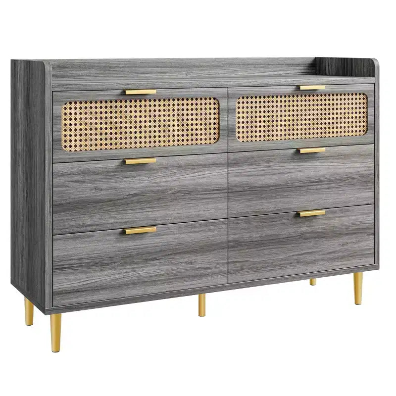 Comò per camera da letto, Comò moderno di metà secolo a 6 cassetti con finiture color oro e design in rattan, Porta TV