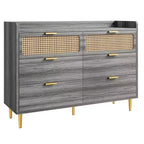 Comò per camera da letto, Comò moderno di metà secolo a 6 cassetti con finiture color oro e design in rattan, Porta TV