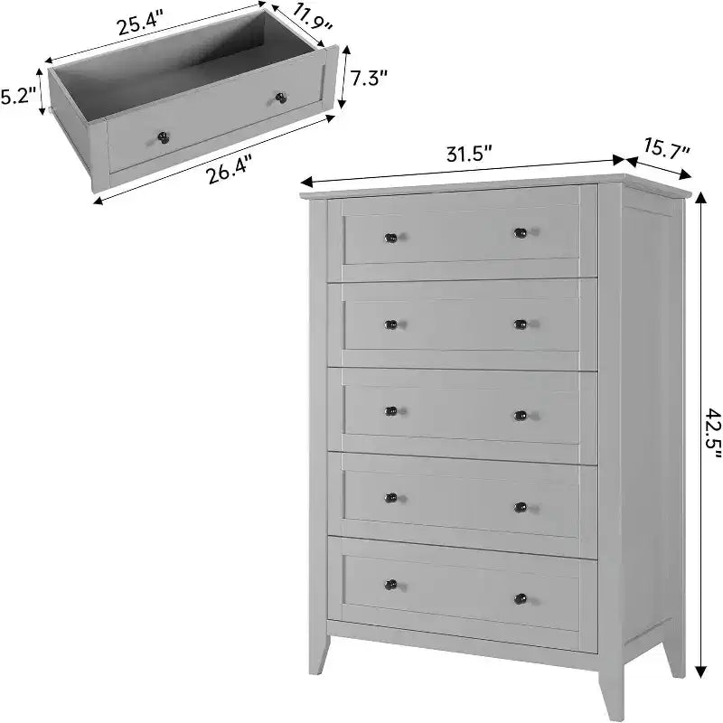 Cassettiera alta in legno a 5 cassetti, cassetti moderni e profondi con pomelli in metallo, mobile contenitore versatile per camera da letto, ingresso, corridoio