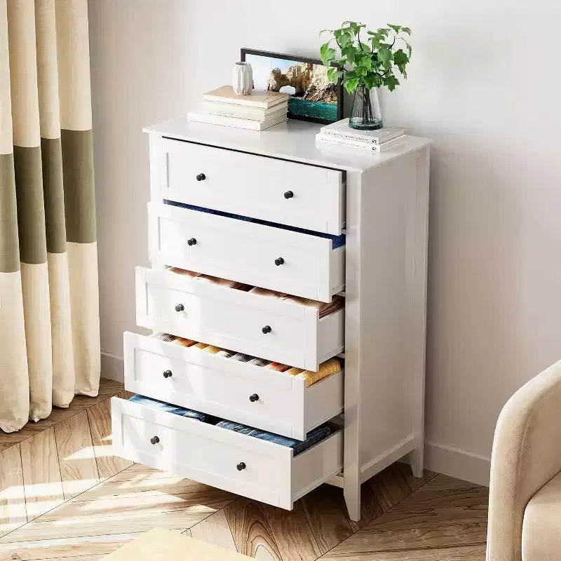 Cassettiera alta in legno a 5 cassetti, cassetti moderni e profondi con pomelli in metallo, mobile contenitore versatile per camera da letto, ingresso, corridoio