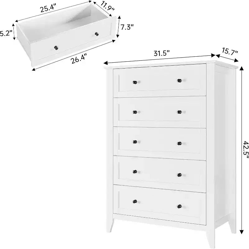 Cassettiera alta in legno a 5 cassetti, cassetti moderni e profondi con pomelli in metallo, mobile contenitore versatile per camera da letto, ingresso, corridoio