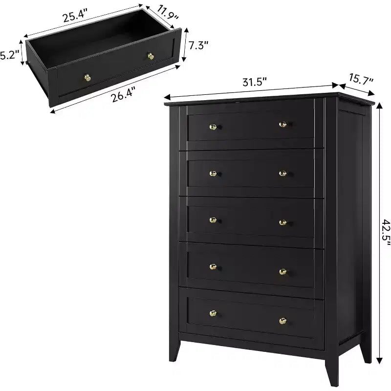 Cassettiera alta in legno a 5 cassetti, cassetti moderni e profondi con pomelli in metallo, mobile contenitore versatile per camera da letto, ingresso, corridoio