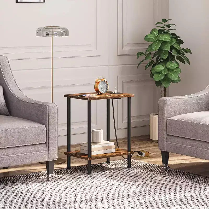 Tavolino ACOINEL con stazione di ricarica, tavolino/comodino con porta USB, Type-C e presa CA, ripiani a 2 livelli