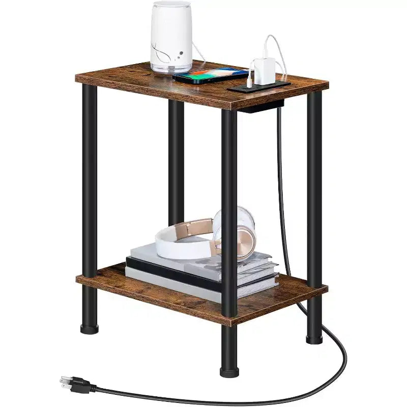 Tavolino ACOINEL con stazione di ricarica, tavolino/comodino con porta USB, Type-C e presa CA, ripiani a 2 livelli