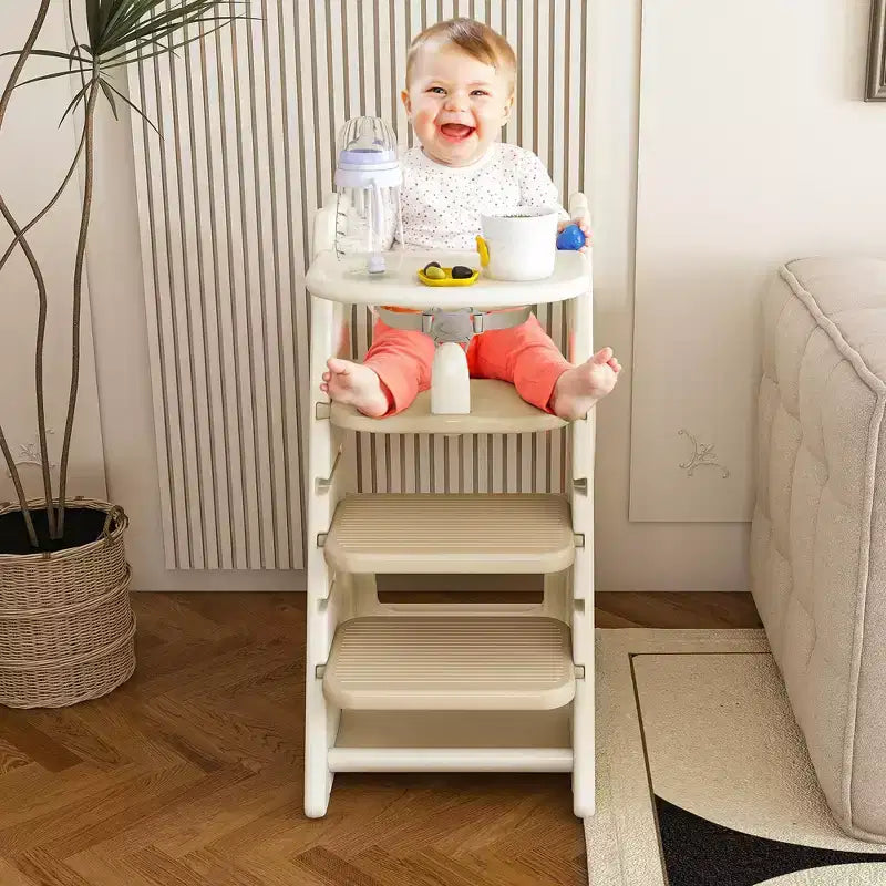 Sedia da pranzo multifunzionale per bambini, seggiolone a torre regolabile in altezza con imbracatura a 5 punti e vassoio grande rimovibile per l'allattamento e il pasto
