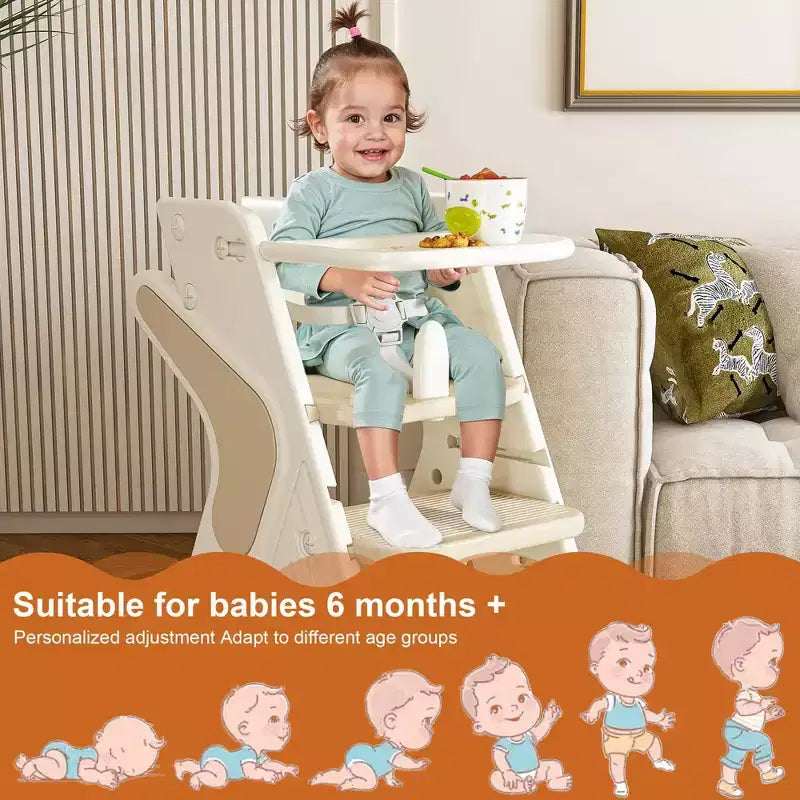 Sedia da pranzo multifunzionale per bambini, seggiolone a torre regolabile in altezza con imbracatura a 5 punti e vassoio grande rimovibile per l'allattamento e il pasto