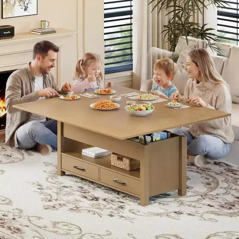 Tavolino Trasformabile con Piano Sollevabile, si Converte in Tavolo da Pranzo o Scrivania con Ampio Spazio Contenitore