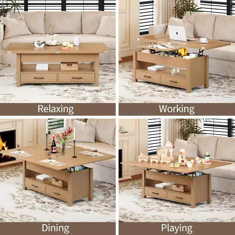 Tavolino Trasformabile con Piano Sollevabile, si Converte in Tavolo da Pranzo o Scrivania con Ampio Spazio Contenitore
