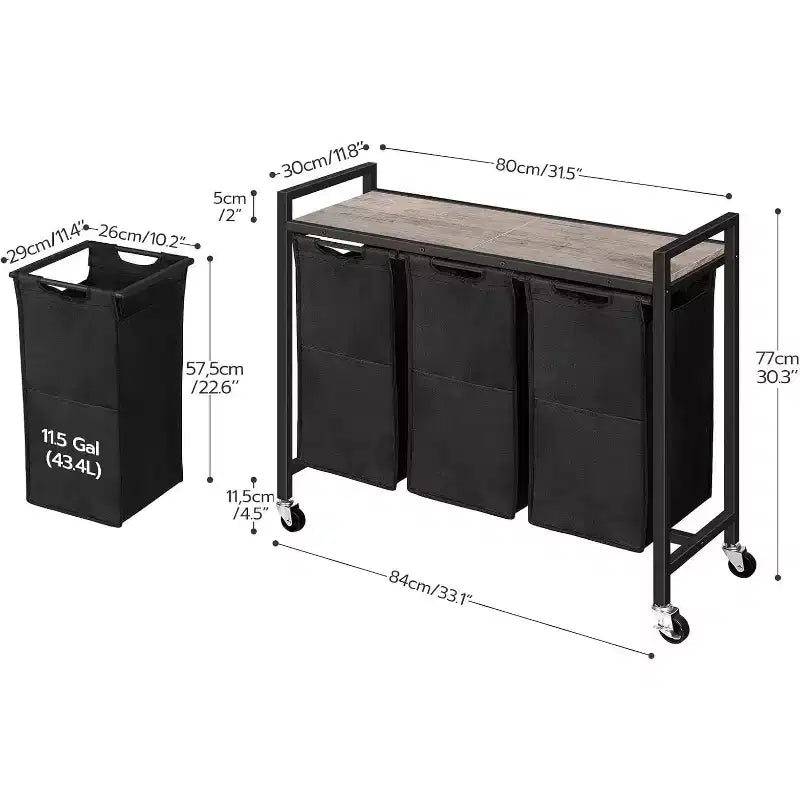 ACOINEL Sorter Lavanderia a 3 Sezioni, Cesto Portabiancheria Rotante da 311,5 Galloni (43,4L) con Ruote, Greige e Nero per Lavanderia Bagno Camera da Letto