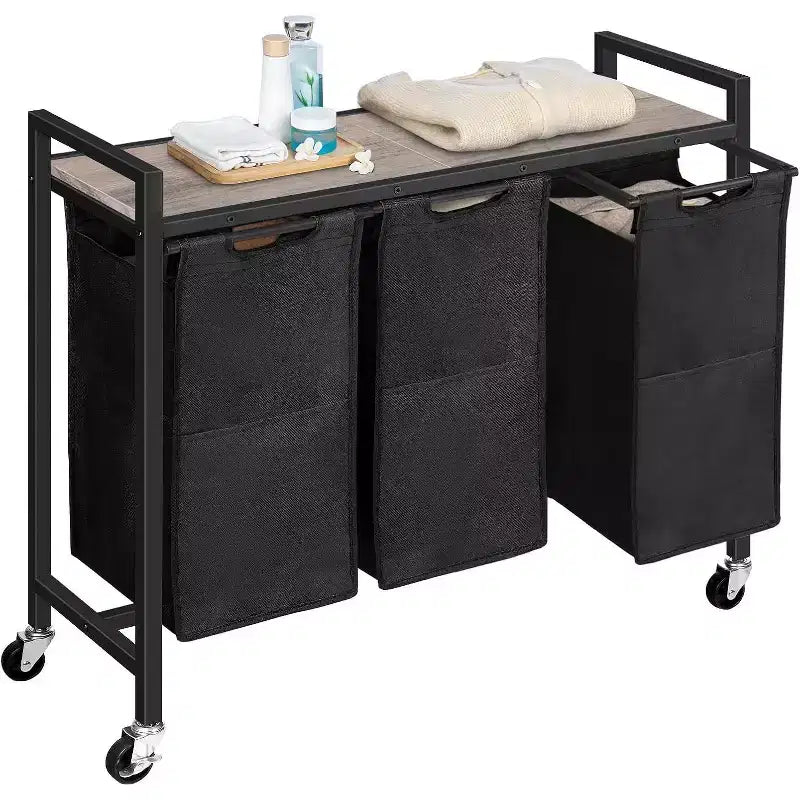 ACOINEL Sorter Lavanderia a 3 Sezioni, Cesto Portabiancheria Rotante da 311,5 Galloni (43,4L) con Ruote, Greige e Nero per Lavanderia Bagno Camera da Letto