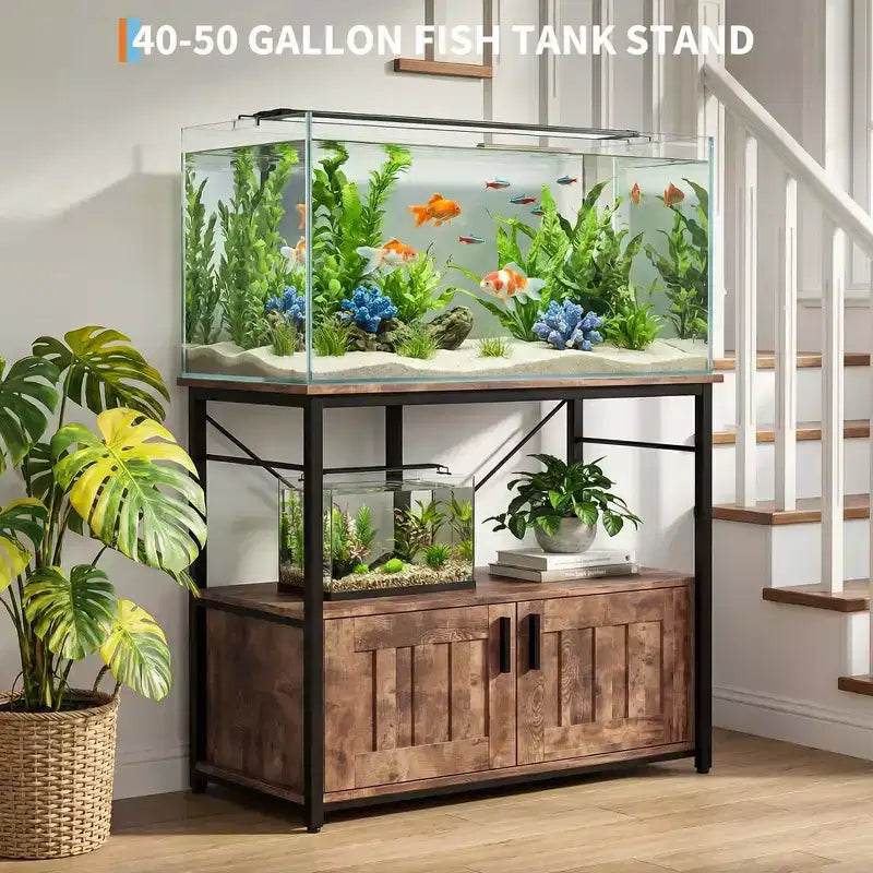 Mobiletto e supporto per acquario, Struttura robusta in metallo con ripiano in legno per acquari, terrari per tartarughe e rettili per soggiorno e sala da pranzo
