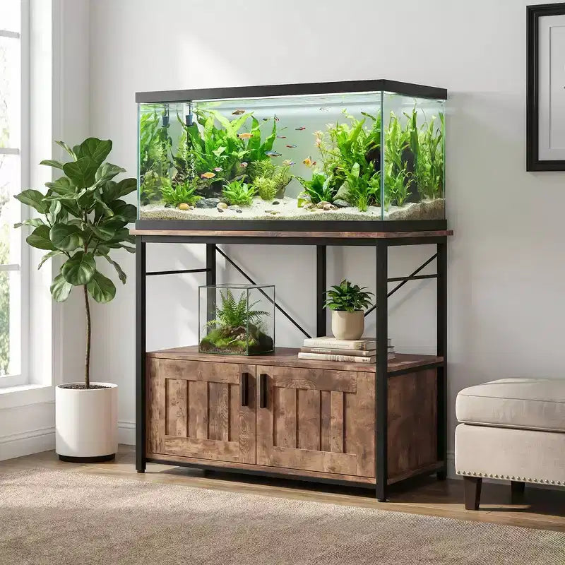 Mobiletto e supporto per acquario, Struttura robusta in metallo con ripiano in legno per acquari, terrari per tartarughe e rettili per soggiorno e sala da pranzo
