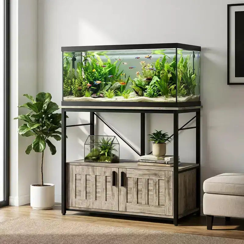 Mobiletto e supporto per acquario, Struttura robusta in metallo con ripiano in legno per acquari, terrari per tartarughe e rettili per soggiorno e sala da pranzo