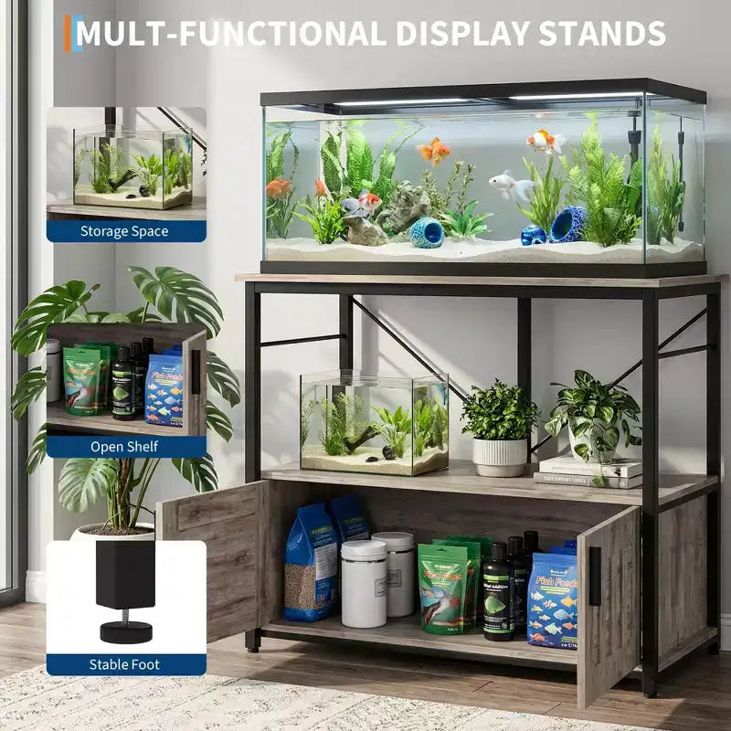 Mobiletto e supporto per acquario, Struttura robusta in metallo con ripiano in legno per acquari, terrari per tartarughe e rettili per soggiorno e sala da pranzo