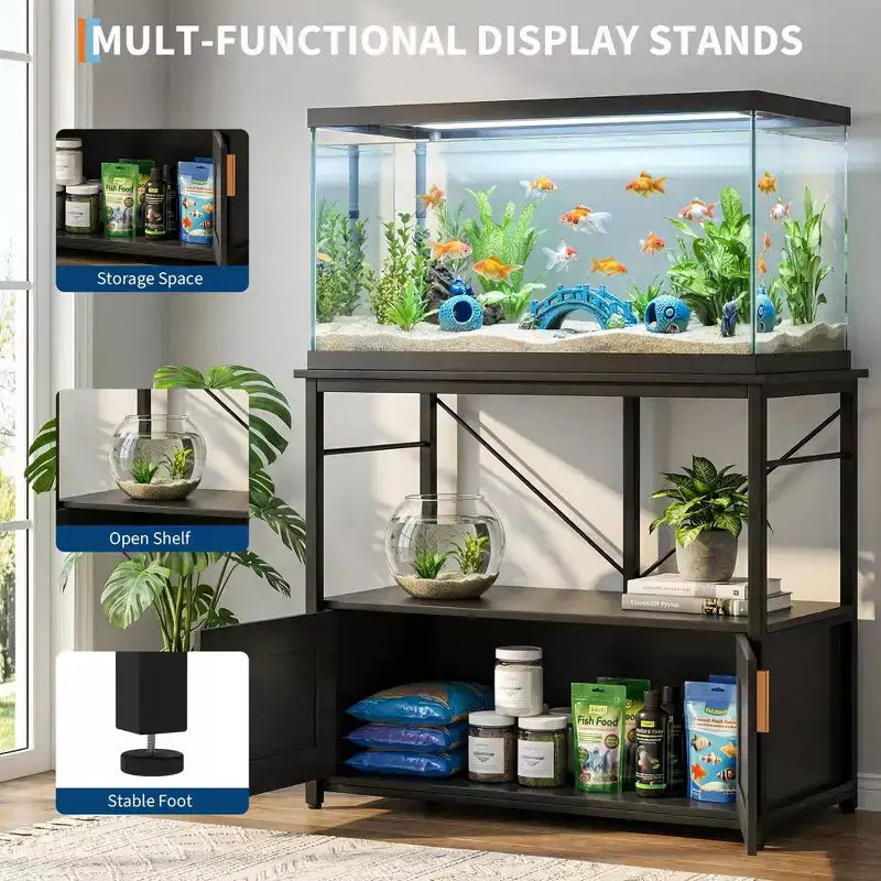 Mobiletto e supporto per acquario, Struttura robusta in metallo con ripiano in legno per acquari, terrari per tartarughe e rettili per soggiorno e sala da pranzo