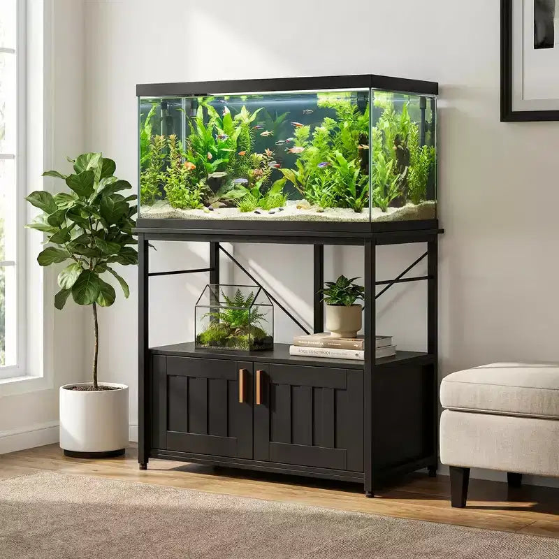 Mobiletto e supporto per acquario, Struttura robusta in metallo con ripiano in legno per acquari, terrari per tartarughe e rettili per soggiorno e sala da pranzo