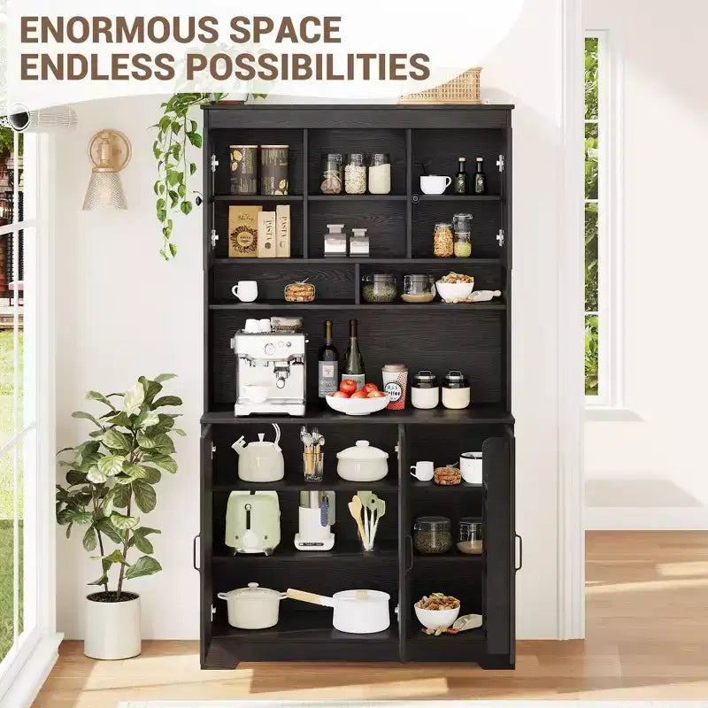 CuisinSmart Mobile Dispensa con Stazione di Ricarica, Armadio da Cucina da 180 cm con Ante in Vetro, Mobile Contenitore Alto da Cucina con Alzata