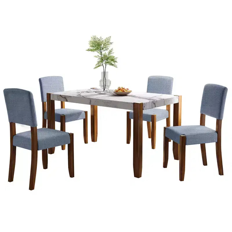 Set da pranzo di 5 pezzi con tavolo in finto marmo da 46 pollici e 4 sedie imbottite, gambe in legno di gomma, per sala da pranzo