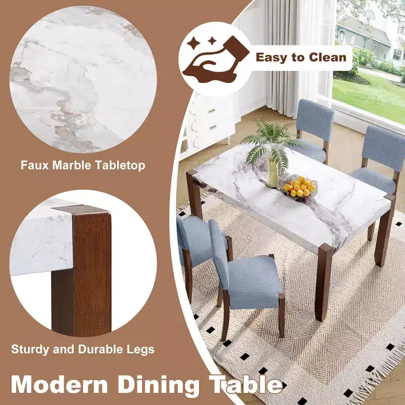 Set da pranzo di 5 pezzi con tavolo in finto marmo da 46 pollici e 4 sedie imbottite, gambe in legno di gomma, per sala da pranzo