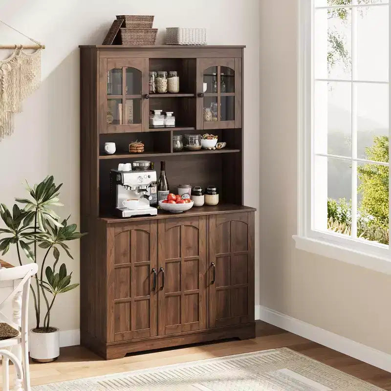 COZONY Armadietto Alto Dispensa 180cm con Ante in Vetro, Mobile Dispensa da Cucina con Credenza per Sala da Pranzo e Soggiorno