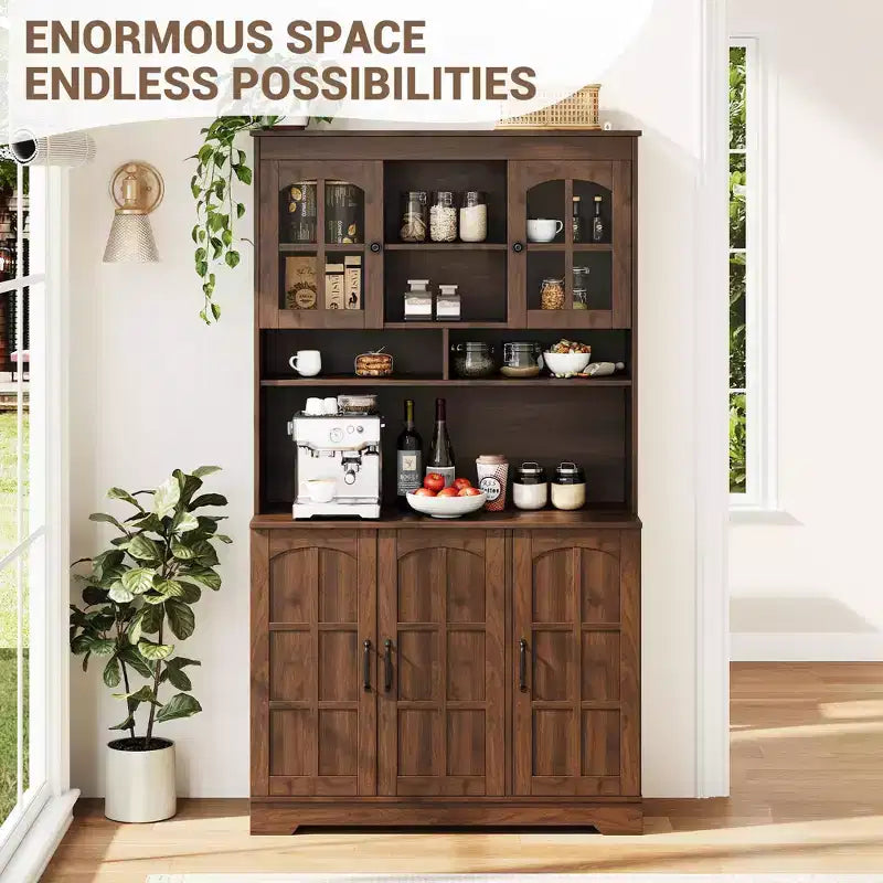 COZONY Armadietto Alto Dispensa 180cm con Ante in Vetro, Mobile Dispensa da Cucina con Credenza per Sala da Pranzo e Soggiorno