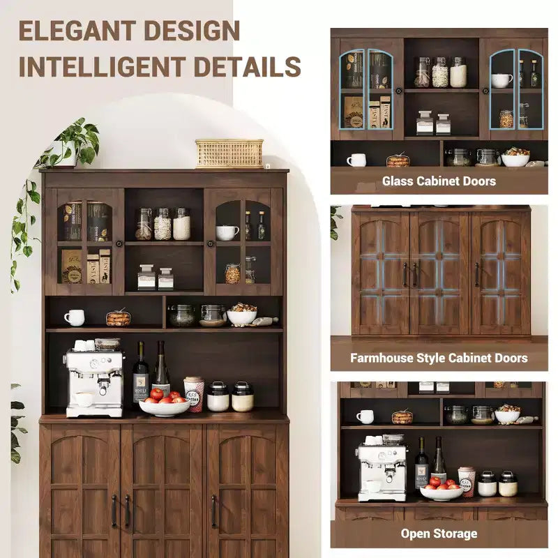 COZONY Armadietto Alto Dispensa 180cm con Ante in Vetro, Mobile Dispensa da Cucina con Credenza per Sala da Pranzo e Soggiorno