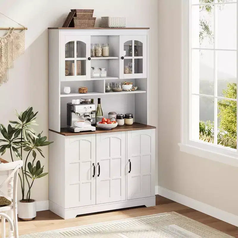 COZONY Armadietto Alto Dispensa 180cm con Ante in Vetro, Mobile Dispensa da Cucina con Credenza per Sala da Pranzo e Soggiorno