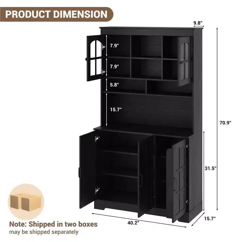 COZONY Armadietto Alto Dispensa 180cm con Ante in Vetro, Mobile Dispensa da Cucina con Credenza per Sala da Pranzo e Soggiorno