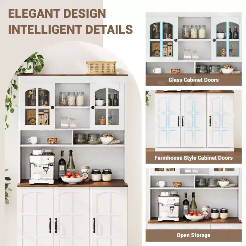 COZONY Armadietto Alto Dispensa 180cm con Ante in Vetro, Mobile Dispensa da Cucina con Credenza per Sala da Pranzo e Soggiorno