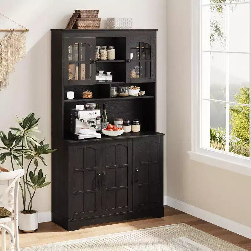 COZONY Armadietto Alto Dispensa 180cm con Ante in Vetro, Mobile Dispensa da Cucina con Credenza per Sala da Pranzo e Soggiorno
