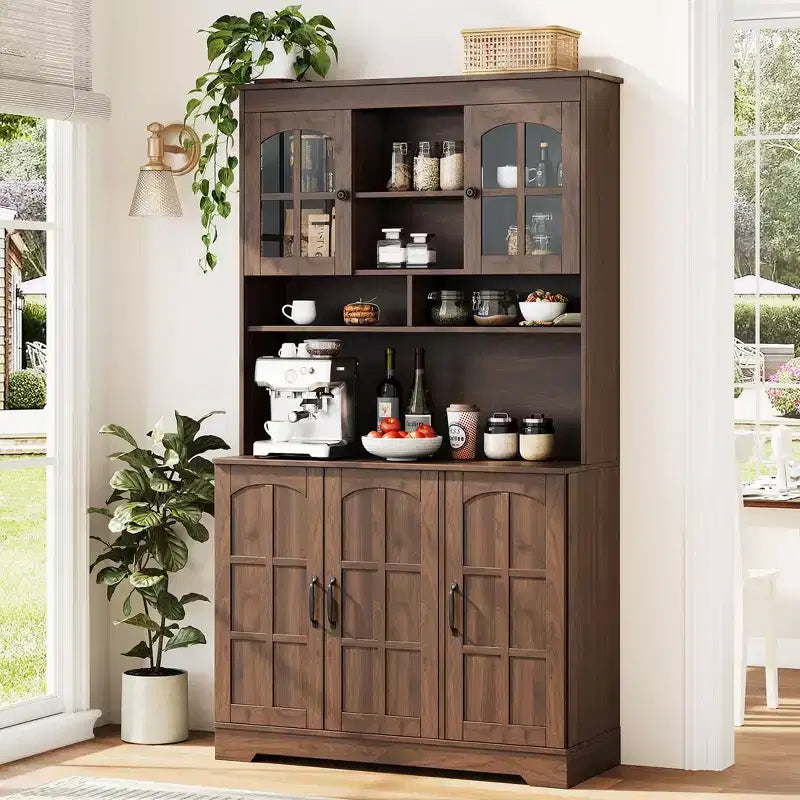 COZONY Armadietto Alto Dispensa 180cm con Ante in Vetro, Mobile Dispensa da Cucina con Credenza per Sala da Pranzo e Soggiorno