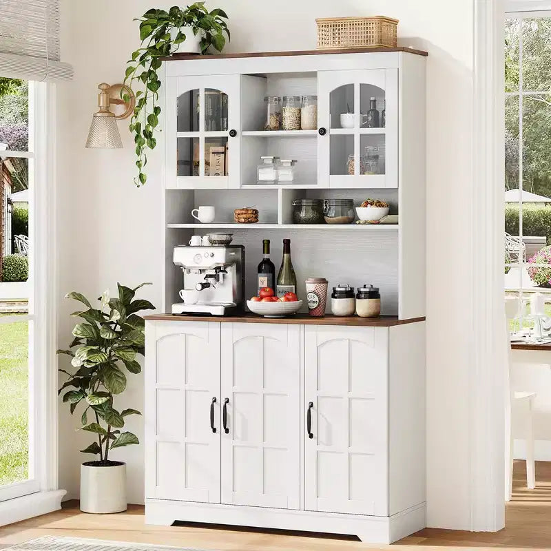 COZONY Armadietto Alto Dispensa 180cm con Ante in Vetro, Mobile Dispensa da Cucina con Credenza per Sala da Pranzo e Soggiorno