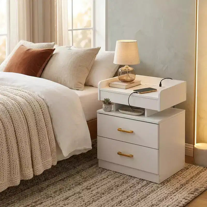 Comodino FurnitureR con luci LED e ricarica USB, tavolino sospeso con 2 cassetti, comodino moderno per camera da letto, soggiorno, ufficio